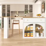 Ausziehbarer Bartisch mit Stauraum, 360° drehbare Essbar mit dreistufigem Seitenregal und Sicherheitsglas-Türen, 138-204x39x104 cm, Weiß – Bild 3