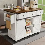 Kücheninsel mit klappbare Tischplatte, Servierwagen auf Rollen mit 2 Schiebetüren und 3 Schubladen, 140x45/73x94 cm, Beige – Bild 3