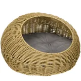 PawHut Rattan Katzenkorb Katzenhaus mit Kissen für Katzen bis 4 kg, Indoor Katzenhöhle aus PE-Rattan, Ø50 x 31 cm, hellbraun für gemütliche Rückzugsorte   Aosom.de – Bild 1
