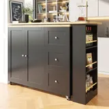 360° drehbare ausziehbare Kücheninsel, mit 3 Schubladen, 2 Türen und seitlichem Snackregal, 135-203x39x106 cm, Schwarz – Bild 3