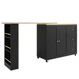 360° drehbare ausziehbare Kücheninsel, mit 3 Schubladen, 2 Türen und seitlichem Snackregal, 135-203x39x106 cm, Schwarz – Bild 1