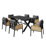 Modernes 6-teiliges Garten- und Terrassen-Esstisch-Set, kreuzförmigem Eisengestell, Schwarz+Naturfarbe – Bild 1