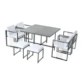7-teiliges Garten-Essset für 6 Personen, Tisch aus gehärtetem Glas, 4 geflochtene Sessel und 2 Fußhocker, Schwarz+Weiß – Bild 1