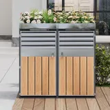 Abschließbare Mülltonnenbox mit integriertem Pflanzgefäß, Lamellenlüftung und zwei separaten Türen, 132x80x124,5 cm, Grau+Naturfarbe – Bild 3