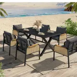 Modernes 6-teiliges Garten- und Terrassen-Esstisch-Set, kreuzförmigem Eisengestell, Schwarz+Naturfarbe – Bild 3