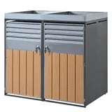 Abschließbare Mülltonnenbox mit integriertem Pflanzgefäß, Lamellenlüftung und zwei separaten Türen, 132x80x124,5 cm, Grau+Naturfarbe – Bild 1