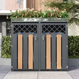 Mülltonnenschrank mit Blumentrog, 2-tlg. abschließbare Mülltonnenbox, 132x80x124,5 cm, Grau+Naturfarbe – Bild 3