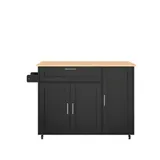 Mobiler Küchentisch mit ausklappbarer Arbeitsplatte, Schublade, Gewürzregal, Handtuchhalter, 132,5x44/70x90 cm, Schwarz+Naturfarbe – Bild 1