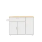 Mobiler Küchentisch mit ausklappbarer Arbeitsplatte, Schublade, Gewürzregal, Handtuchhalter, 132,5x44/70x90 cm, Weiß+Naturfarbe – Bild 1