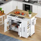 Mobile Kücheninsel mit ausklappbarer Arbeitsplatte, 3-stufigem ausziehbarem Schrank-Organizer, 120x40/65x90 cm, Weiß+Naturfarbe – Bild 3