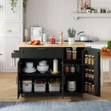 Mobiler Küchentisch mit ausklappbarer Arbeitsplatte, Schublade, Gewürzregal, Handtuchhalter, 132,5x44/70x90 cm, Schwarz+Naturfarbe – Bild 3