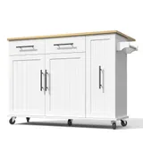 Mobile Kücheninsel mit ausklappbarer Arbeitsplatte, 3-stufigem ausziehbarem Schrank-Organizer, 120x40/65x90 cm, Weiß+Naturfarbe – Bild 1