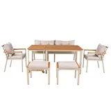 6-7-Sitzer-Garten-Esstisch- und Stuhlset, Gartenmöbel mit Sesseln und abnehmbarem Esswagen, Beige+Naturfarbe – Bild 1