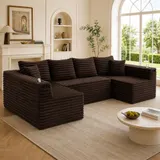 U-förmiges Cord-Sofa, integrierter Getränkehalter und Seitentasche, Federkernpolsterung, 320x155x88 cm, Braun – Bild 3