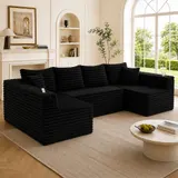 U-förmiges Cord-Sofa, integrierter Getränkehalter und Seitentasche, Federkernpolsterung, 320x155x88 cm, Schwarz – Bild 3