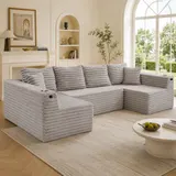 U-förmiges Cord-Sofa, integrierter Getränkehalter und Seitentasche, Federkernpolsterung, 320x155x88 cm, Hellgrau – Bild 3