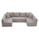 U-förmiges Cord-Sofa, integrierter Getränkehalter und Seitentasche, Federkernpolsterung, 320x155x88 cm, Hellgrau – Bild 1