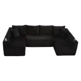 U-förmiges Cord-Sofa, integrierter Getränkehalter und Seitentasche, Federkernpolsterung, 320x155x88 cm, Schwarz – Bild 1