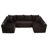 U-förmiges Cord-Sofa, integrierter Getränkehalter und Seitentasche, Federkernpolsterung, 320x155x88 cm, Braun – Bild 1