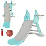 HOMCOM Kinderrutsche mit Basketballkorb faltbare Spielzeugrutsche mit verlängerter Heckkissen Dreiecksstruktur HDPE PP Hellblau+Grau 147x82x85,5cm   Aosom – Bild 1