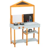 AIYAPLAY Matschküche Kinder Outdoor Spielküche Holz mit Herd Abnehmbarer Spüle Regalen Kinderküche mit 4 Edelstahlschüsseln 3 Schaufeln Outdoorküche für Kinder von 3-8 Jahren, Hellblau   Aosom – Bild 1