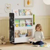 AIYAPLAY Kinder Bücherregal, Kinderregal mit 4 Regalen Bodenfach 2 Seitenteile, doppelseitiges Kinderbücherregal mit Tafel Rollen, für Kinderzimmer Spielzimmer, für 3–8 Jahre, 66,5x32,5x86,5 cm Weiß   Aosom – Bild 3