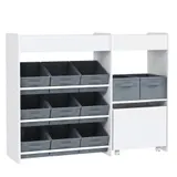 AIYAPLAY Kinderregal Spielzeugregal mit 11 Stoffboxen, oberen Fächern, 3 Stickern, Kinder Bücherregal mit Schränkfach für Kinderzimmer, Kindergarten, 105 x 30 x 80 cm, Weiß   Aosom – Bild 1