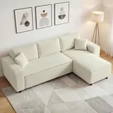 HOMCOM Ecksofa 3-Sitzer Sofa in L-Form Eckcouch mit Umkehrbarer Chaiselongue 2 Kissen Federpolster, Polsterecke aus Cordstoff Wohnlandschaft für Wohnzimmer Schlafzimmer 241x153x83 cm Cremeweiß   Aosom – Bild 3