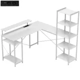 HOMCOM Schreibtisch Gaming Tisch L Form mit Regal, Computertisch mit Monitorständer, Steckdose, USB-Ladeanschluss Eckschreibtisch für Heimbüro, Schlafzimmer, 137 x 140 x 139,5 cm Weiß   Aosom – Bild 1