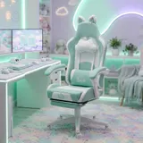 HOMCOM Gaming-Stuhl, Ergonomischer Gamer-Stuhl mit Lendenwirbelstütze, Fußstütze, Gaming-Sessel mit Katzenohren, Kopfkissen, höhenverstellbar Bürostuhl mit Liegefunktion, Kunstleder, Seeblau   Aosom – Bild 3