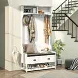 HOMCOM 2-in-1 Garderobenständer, Kleiderständer mit 4 Haken, Garderobe mit Schuhbank und Ablagen, Jackenständer mit Kippschutz, für Eingangsbereich, Flur, Schlafzimmer, Weiß+Grau   Aosom – Bild 3
