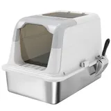 PawHut Katzenklo, Katzentoilette mit Deckel, Streuschaufel, Wanne aus Edelstahl, Katzentoilette mit vorne Eingang und ober Ausgang, Deodorierungsbeutel, für Katzen bis 15 kg, Weiß   Aosom – Bild 1
