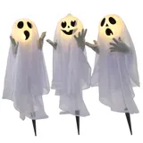HOMCOM 60cm 3er-Set Halloween Dekoration Halloween-Geister-Hofpfählen mit LED-Lichter verstellbare Arme Halloween-Außendekoration für Rasen, Garten Stahl, Weiß   Aosom – Bild 1