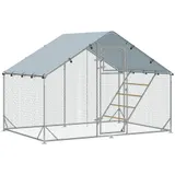 PawHut Hühnerstall Freilaufgehege aus Stahl, 300 x 200 x 195 cm Hühnerkäfig mit UV-beständiger Abdeckung, Futtertür, Hängefütterung, Sitzstange, Hühnergehege für 6-8 Hühner, Kleintiere, Silber   Aosom – Bild 1