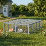 PawHut Freilaufgehege Kaninchenstall aus Holz mit 2 Türen 180,4 x 150 x 48 cm Hasenstall mit Unterschlupfhaus Freigehege für 2-4 Zwergkaninchen Zwergmeerschweinchen Enten Grau   Aosom – Bild 3