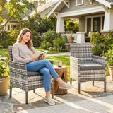 Outsunny 2er Set Gartenstuhl Polyrattan Gartenmöbel mit 2 Sessel Abnehmbaren Kissen Stahlrahmen, Leicht Outdoor Gartensessel Gartenstühle Balkonstuhl für Garten Balkon Terrasse Grau   Aosom – Bild 3