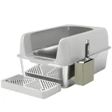 PawHut Katzentoilette mit Deckel, Katzenklo mit Schaufel, Wanne aus Edelstahl Katze Toilettenhaus mit Aufbewahrungsbox für Katze unter 4,5 kg, Indoor, Hellgrau   Aosom – Bild 1