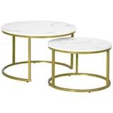 HOMCOM 2er-Set Couchtisch, Runder Beistelltisch, Kaffeetisch mit Stahlgestell in Gold, stapelbar Sofatisch mit Marmoroptik, für Wohnzimmer, bis 30 kg belastbar, Weiß   Aosom – Bild 1