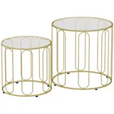 HOMCOM Couchtisch rund Stapelbar 2er Set Beistelltisch mit geometrischem Metallrahmen, Platte aus Glas, Wohnzimmertisch Kaffeetisch Sofatisch für Wohnzimmer Schlafzimmer   Aosom – Bild 1
