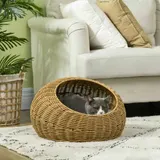 PawHut Rattan Katzenkorb Katzenhaus mit Kissen für Katzen bis 4 kg, Indoor Katzenhöhle aus PE-Rattan, Ø50 x 31 cm, hellbraun für gemütliche Rückzugsorte   Aosom.de – Bild 3