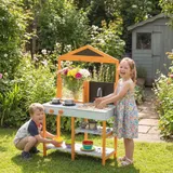 AIYAPLAY Matschküche Kinder Outdoor Spielküche Holz mit Herd Abnehmbarer Spüle Regalen Kinderküche mit 4 Edelstahlschüsseln 3 Schaufeln Outdoorküche für Kinder von 3-8 Jahren, Hellblau   Aosom – Bild 3