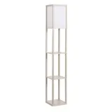 HOMCOM Stehleuchte mit 3 Regalen  Stehlampe, Innenbeleuchtung, E27, bis 40W, E1-MDF, Acryl, Eiche+Weiß, 26x26x160 cm  Aosom – Bild 1