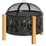 Outsunny 2-in-1 Feuerschale Ø75 x 58 cm Feuerstelle mit Funkenschutz Schürhaken Grillrost Feuerschalen Feuerkorb für Garten, Balkon Terrasse, Outdoor BBQ Camping Schwarz+Braun   Aosom – Bild 1