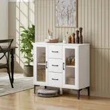 HOMCOM Kommode Sideboard mit 3 Schubladen 2 Glastüren Modern Schubladenschrank mit verstellbaren Regalen Soft-Close-Scharnieren 90x38x86cm Aufbewahrungsschrank für Wohnzimmer Esszimmer Flur Weiß   Aosom – Bild 3