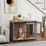PawHut Hundekäfig Möbel, Hundebox mit 2 verschließbaren Türen, Beistelltisch für Zuhause, Hundehaus für große Hunde unter 30 kg, Stahl, 98 x 60 x 78 cm, Nussbaum   Aosom – Bild 3